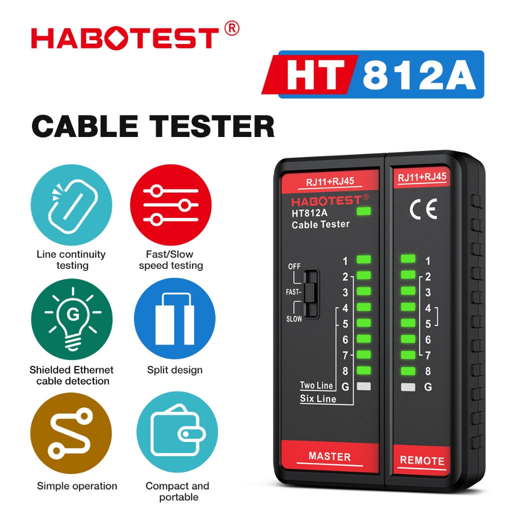 HABOTEST HT812A เคเบิ้ล Lan ทดสอบเครือข่ายทดสอบสายเคเบิล8/6/4/2จุดเครือข่ายลวดสายโทรศัพท์ตรวจจับเครื่องมือติดตาม