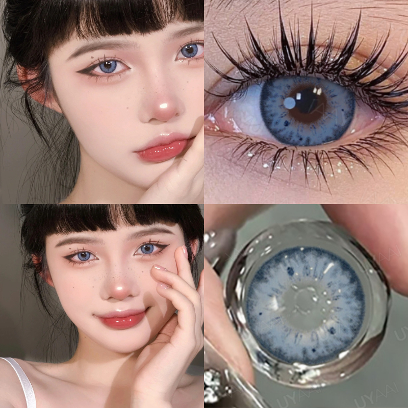 Uyaai คอนแทคเลนส์ ขนาดเล็ก 14.2 มม. สีฟ้า แฟชั่น สําหรับแต่งหน้า 2 ชิ้น ต่อคู่
