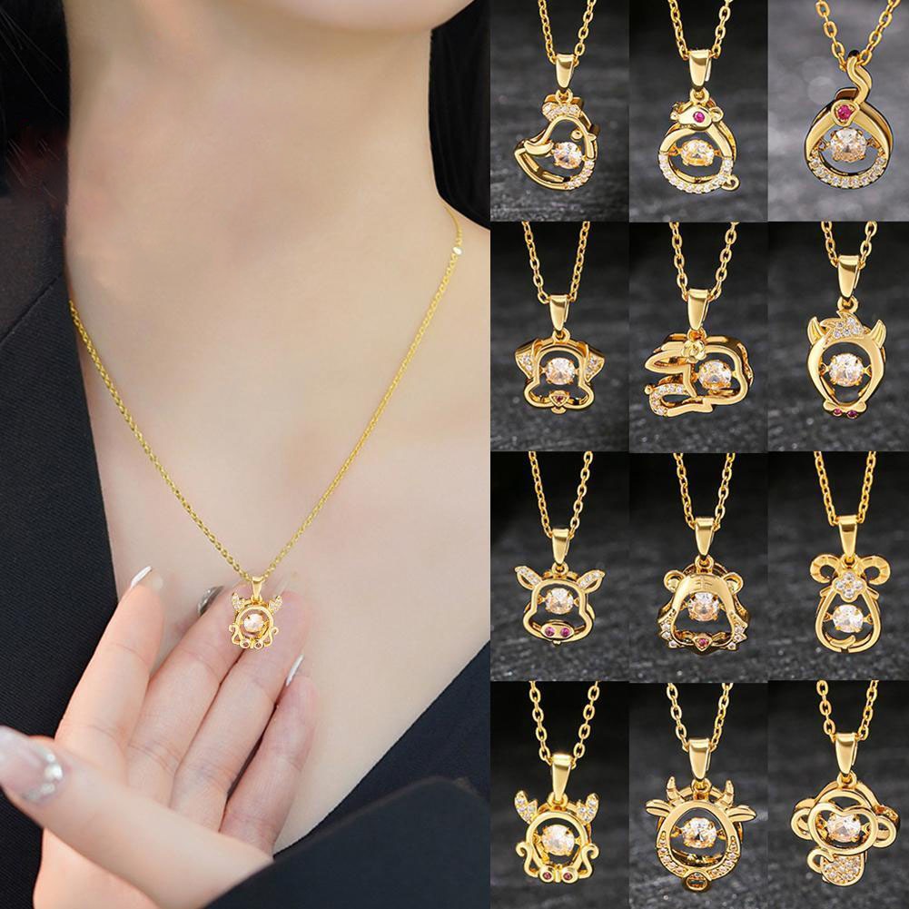 สิบสองราศีเจาะกลวงจี้สร้อยคอแฟชั่นผู้หญิงเครื่องประดับสัตว์สร้อยคอ สร้อยคอโซ่ จี้ราศีสัตว์น่ารัก แฟชั่น