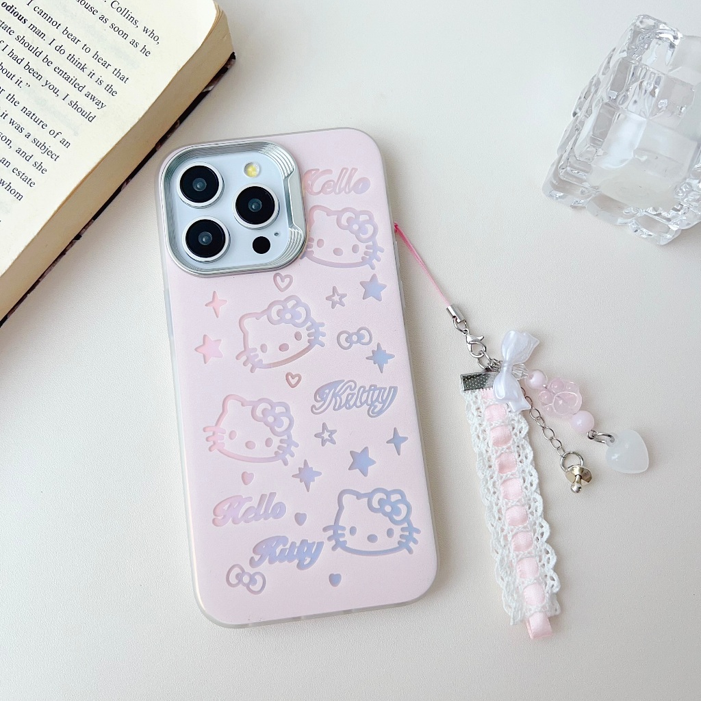 เคสโทรศัพท์มือถือ กันกระแทก ลายการ์ตูนคิตตี้ สีชมพู และสีฟ้า พร้อมสายโซ่คล้อง แฟชั่น สําหรับ iPhone 15 14 13 12 11
