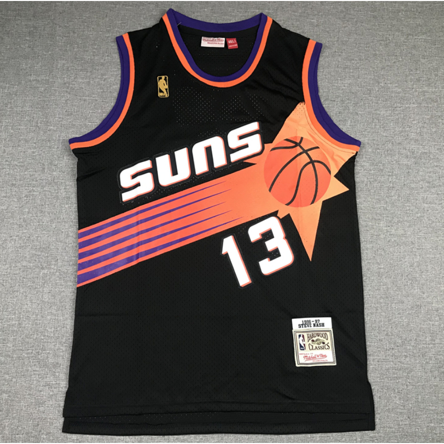 ใหม ่ NBA Men 's Phoenix Suns #13 เสื ้ อบาสเก ็ ตบอลปักย ้ อนยุค Steve Nash สีดํา