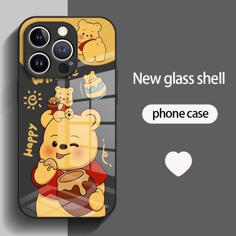 เคสโทรศัพท์มือถือแบบแก้ว กันกระแทก ลายหมีกินน้ําผึ้งน่ารัก สําหรับ 14ProMax 15Plus Xs XR XsMax 7 8plus 11Pro 12 13ProMax