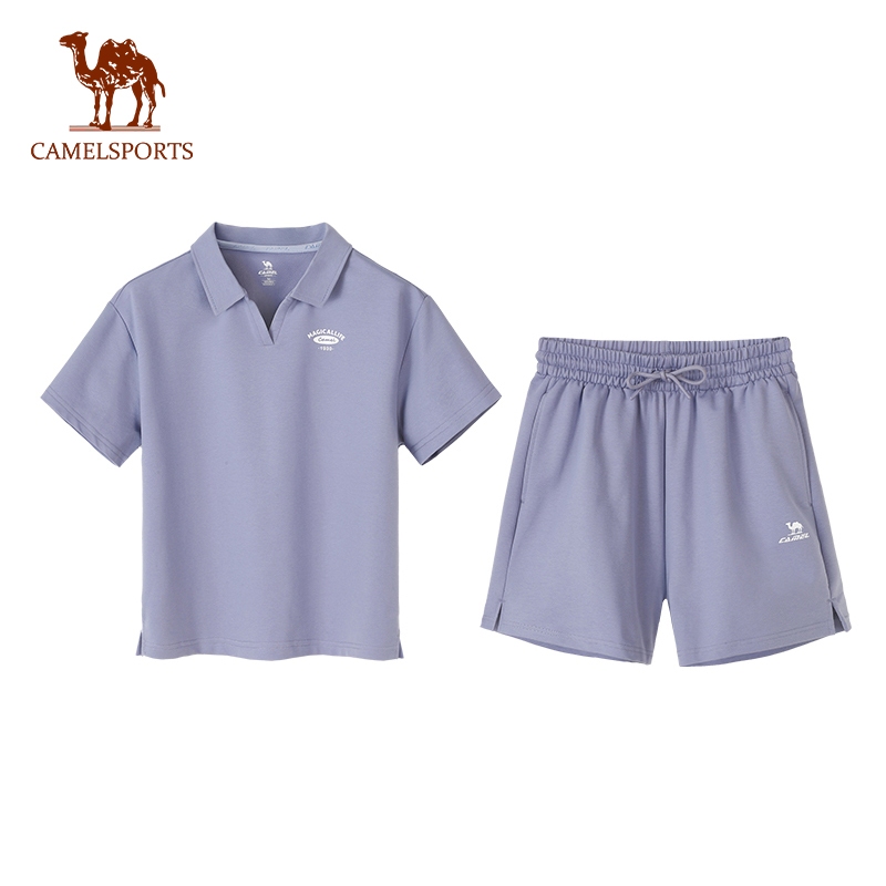 CAMEL SPORTS ชุดกีฬา เสื้อโปโล กางเกงขาสั้น ลําลอง ทรงหลวม ขนาดเล็ก สําหรับผู้หญิง สองชิ้น