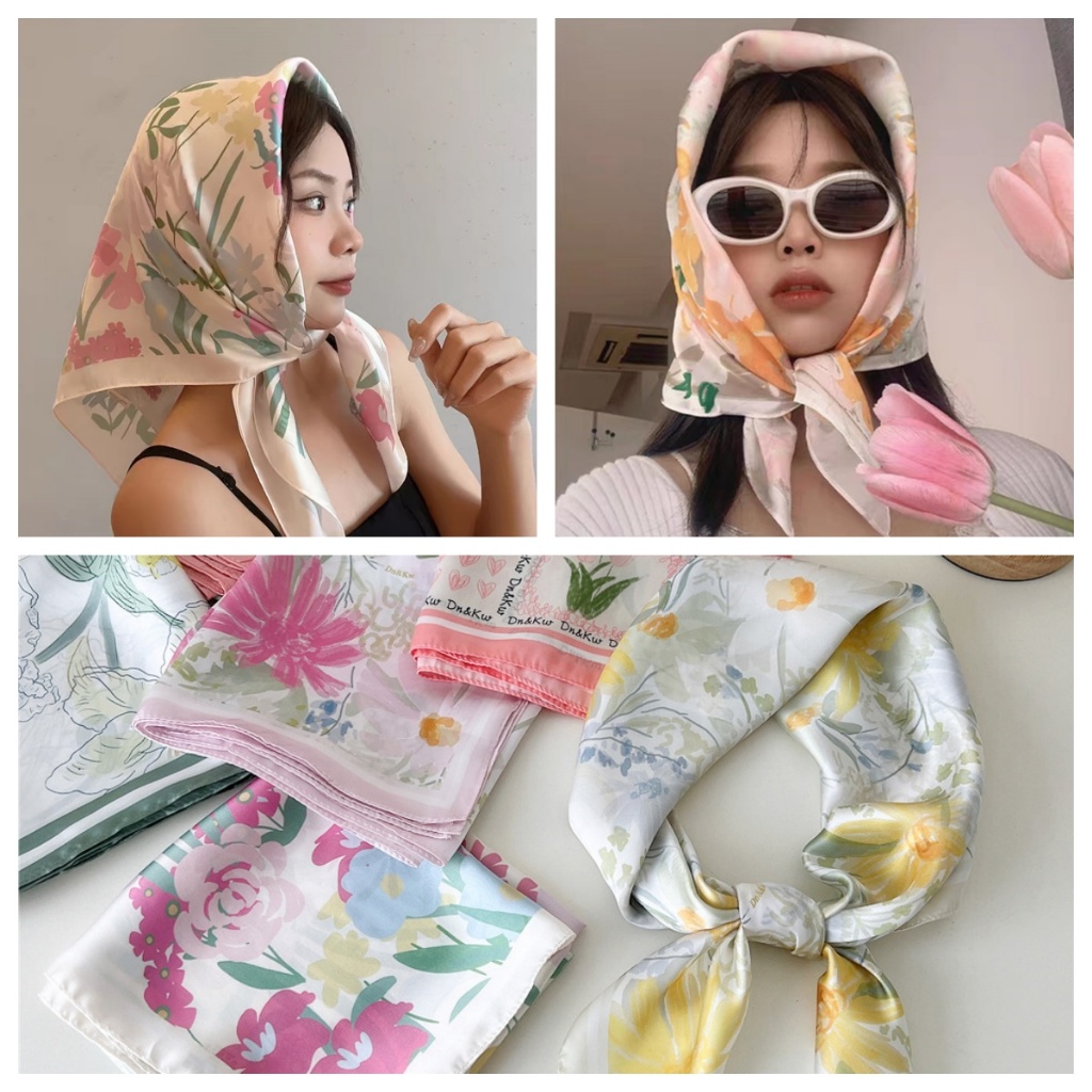 ผ้าพันคอลําลอง แบบนิ่ม ทรงสี่เหลี่ยม ขนาดเล็ก 70 ซม. อเนกประสงค์ ลายดอกไม้
