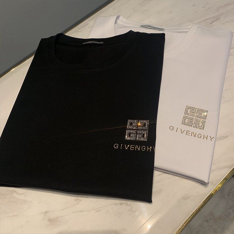 Gv ฤดูร้อนใหม่ระดับไฮเอนด์แสงหรูหราเพชรด้านบนผู้ชายผ้าฝ้ายสบาย ๆ เสื้อยืดป้าย + เชือกเส้นเล็ก