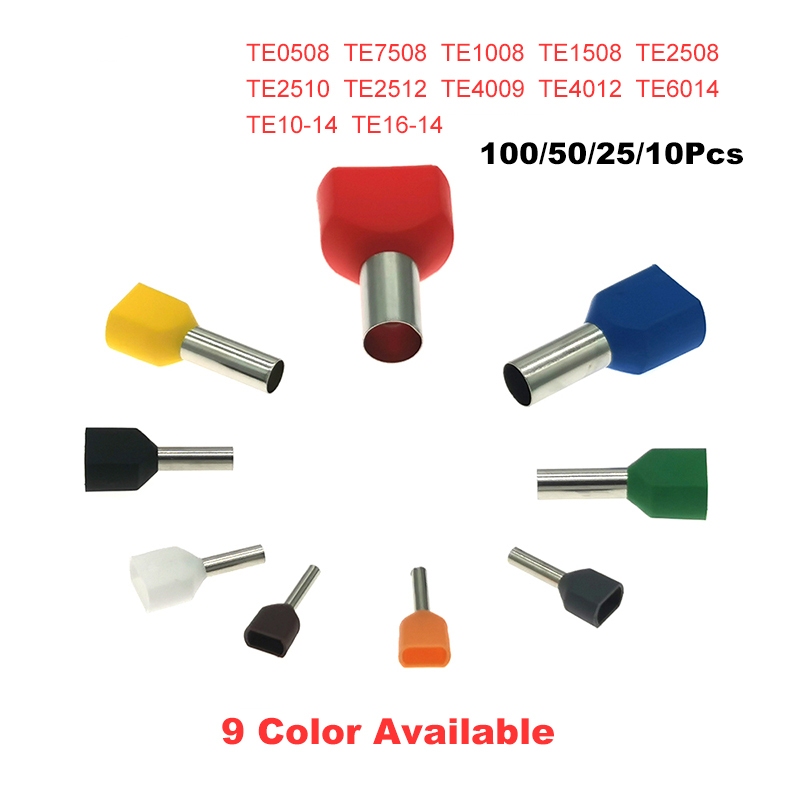 100/50/25/10Pcs Dual Wire Tube Pre-insutated Cord End ทองแดง Crimp Terminals TE0508 ~ TE16-14 คู่สาย