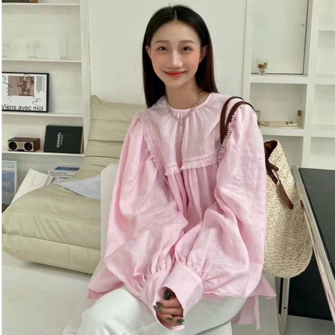 เกาหลีผู้หญิงแฟชั่นเสื้อเชิ้ตแขนยาวหลวมสุภาพสตรีคอปกกลมพู่เสื้อขนาดบวก Baju Baju
