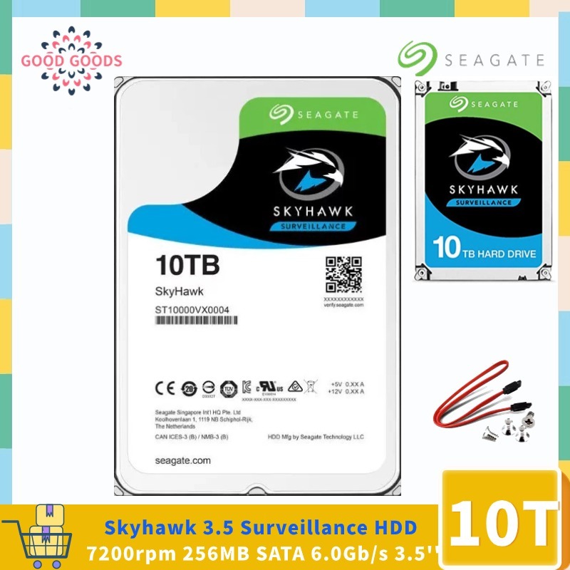 Seagate Skyhawk ฮาร์ดไดรฟ์ภายใน 10TB (ST10000VX0004) 3.5 HDD SATA 6Gb/s 256MB Cache สําหรับระบบกล้องรักษาความปลอดภัย DVR NVR พร้อมไดรฟ์