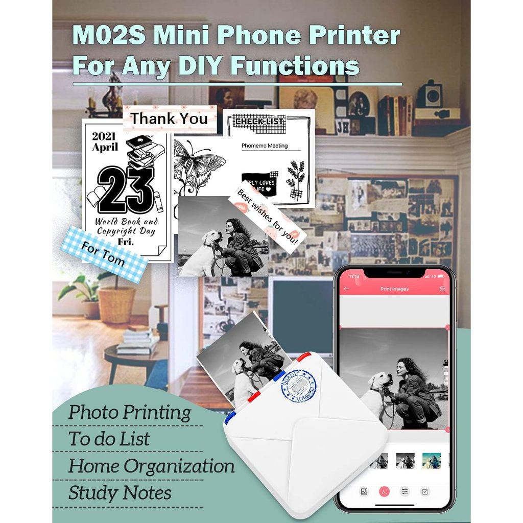 Phomemo M02S เครื่องปริ้นพกพา - 300DPI เครื่องพิมพ์สติ๊กเกอร์ พิมพ์ที่อยู่ รูปภาพ บาร์โค้ด ฉลาก