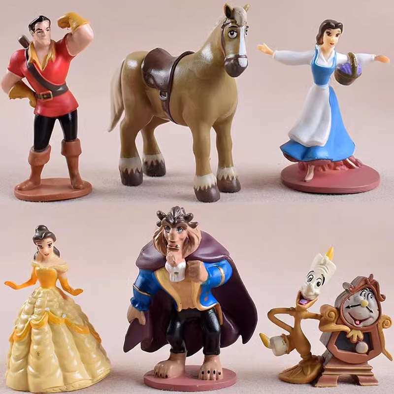 โมเดลฟิกเกอร์ PVC อนิเมะ Beauty and the Beast Bella Princess Gaston นาฬิกาปลุก ขนาด 7-10 ซม. ของเล่นสําหรับเด็ก 6 ชิ้น ต่อชุด