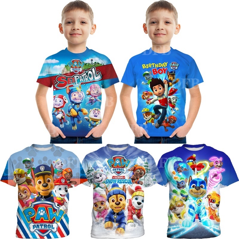 [3-12Y] PAW PATROL เสื้อยืดแขนสั้นเด็กน่ารัก 3D การ์ตูนรอบคอฤดูร้อนสบายๆ 3-13 วันเกิดแขนสั้น