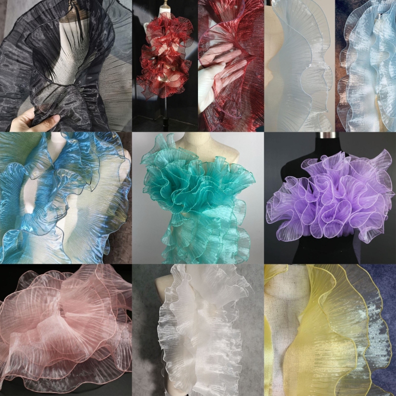 ผ้าลูกไม้ออแกนซ่า แบบจับจีบ ขนาดใหญ่ สีโปร่งใส สําหรับตกแต่งชุดแต่งงาน 90x13 ซม.