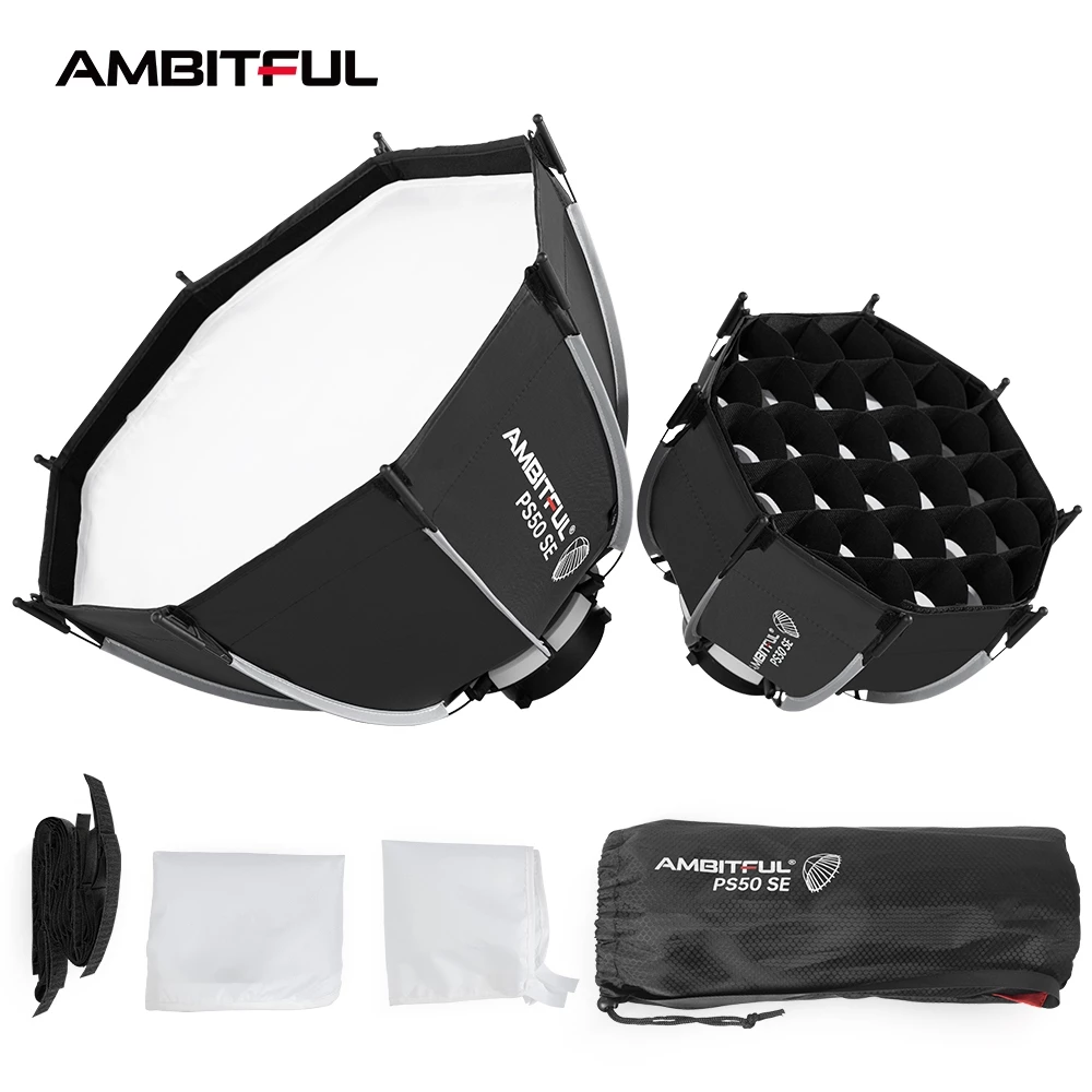 Ambitful ซอฟท์บ็อกซ์ ทรงแปดเหลี่ยม ขนาดเล็ก 30 ซม. PS30 SE 50 ซม. PS50 SE ปลดไว พร้อมช่องรังผึ้ง สําหรับไฟแฟลช LED