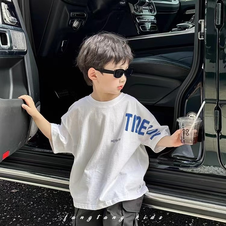 เสื้อยืดแขนสั้น ผ้าฝ้ายบริสุทธิ์ ทรงหลวม สีขาว แฟชั่นฤดูร้อน สําหรับเด็กผู้ชาย