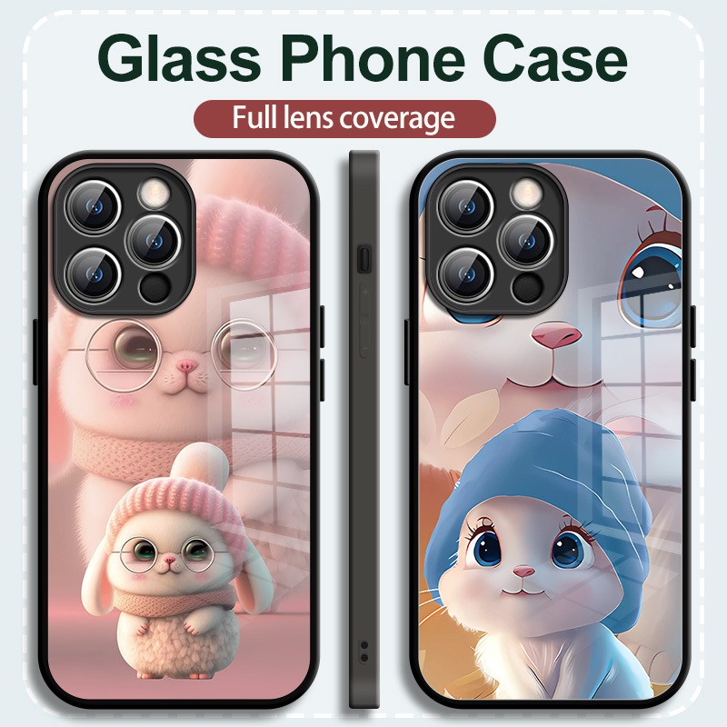 คุณภาพสูงรู้สึกสะดวกสบายกรณี Iphone แก้ว ลายกระต่ายน่ารักสำหรับ Apple 15 promax กรณีป้องกัน iPhone14 Plus กรณี 13 ขายร้อน 11Pro กรณี 12 สินค้าใหม่ XR All Pack Mini / 8P Creative XS กรณีโทรศัพท์สำหรับผู้ชายและผู้หญิง