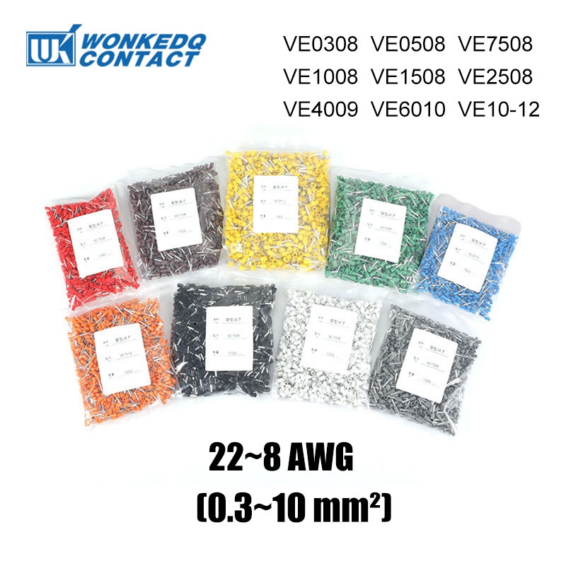 1000 ชิ้น Ferrule ทองแดง Crimp Connector Terminal Block 0.3 ~ 10 มม.2 23-8 AWG ฉนวนลวด E0508 E7508 E1008 E1508 E2508 E4009