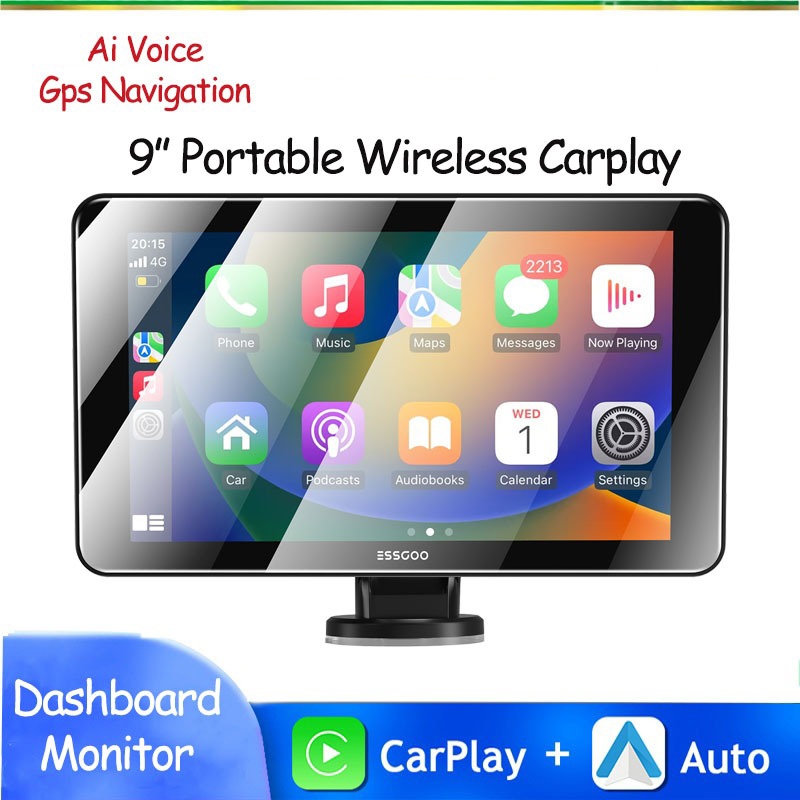 ESSGOO Wireless Carplay Dashboard Monitor Portable Car Radio 9 inch Automotive Multimedia Player Android Auto MirrorLink AUX Bluetooth