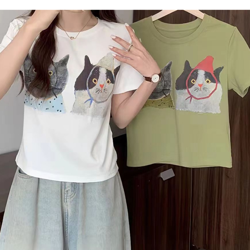 Bella T-shirt การพิมพ์การ์ตูนอเมริกันรอบคอแขนสั้น