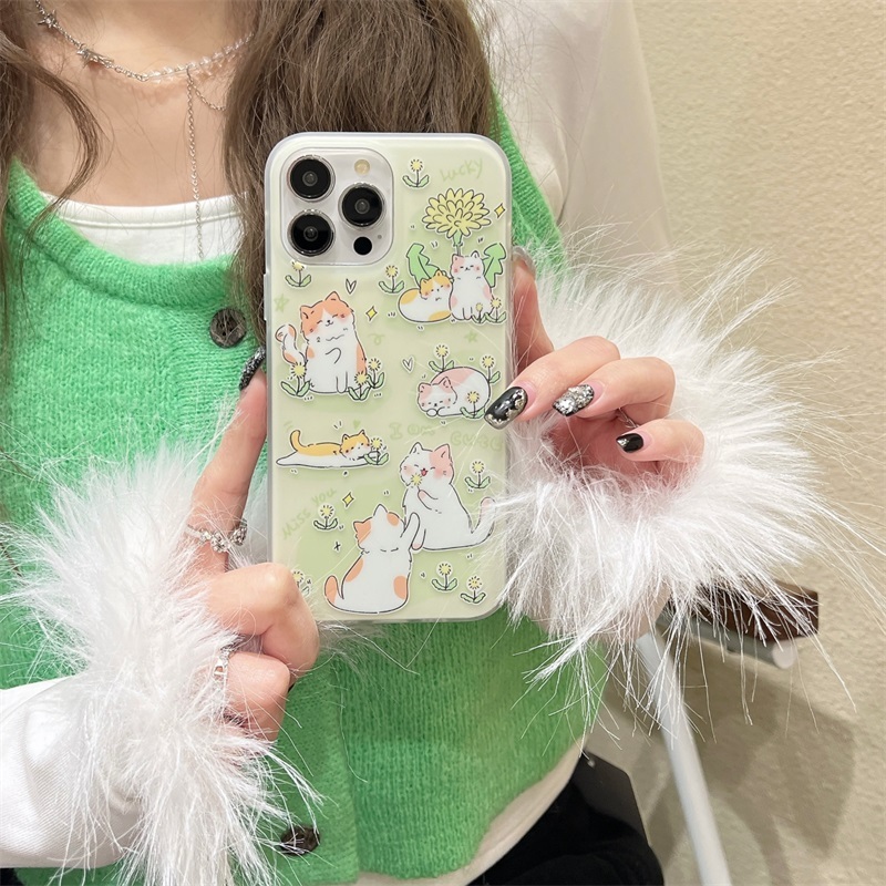 เคสโทรศัพท์มือถือ ลายแมวน่ารัก สองด้าน สีเขียว สําหรับ iPhone 14 13 15 Pro Max