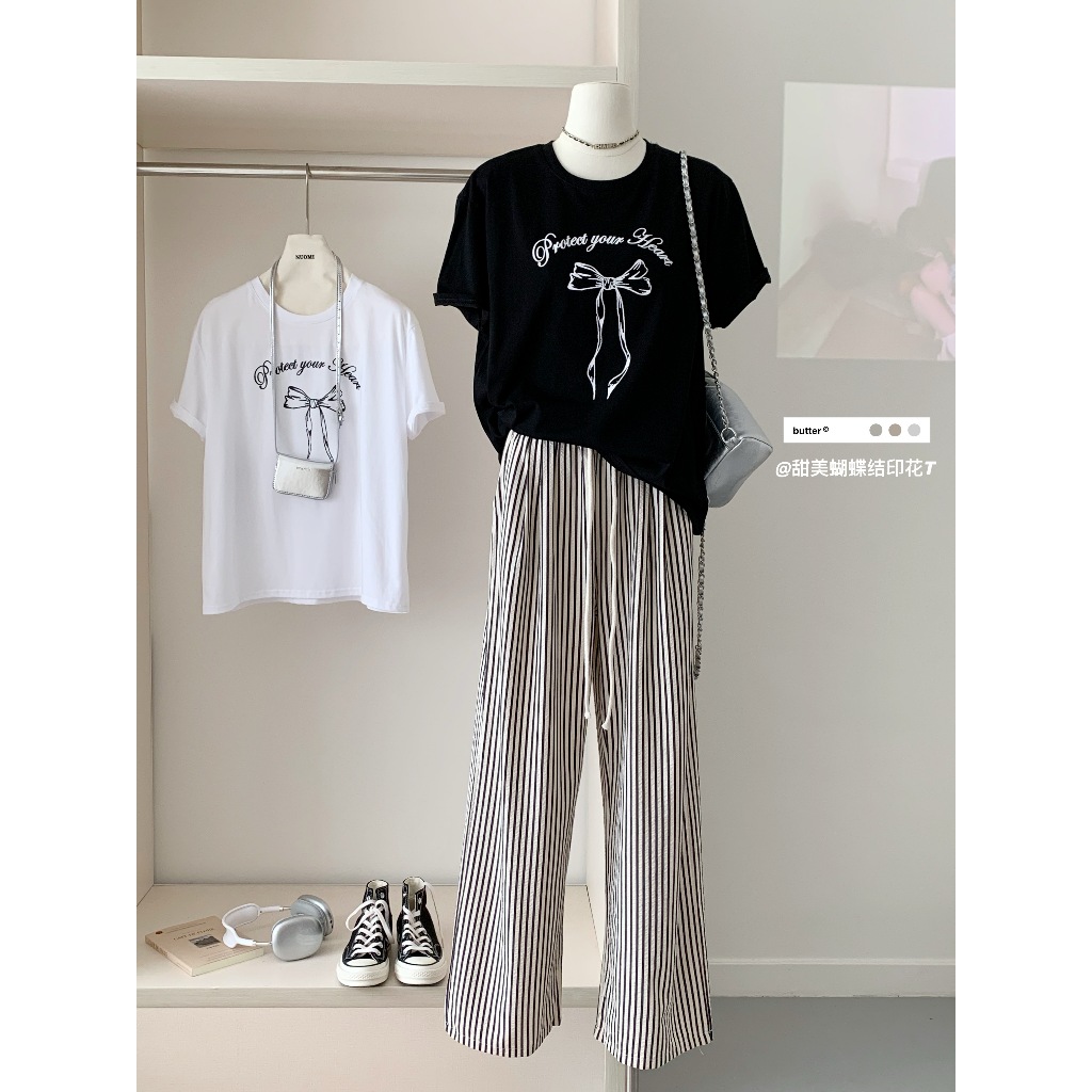 71337 เสื้อยืดคอกลม แขนสั้น ประดับโบว์ สีขาว สําหรับผู้หญิง