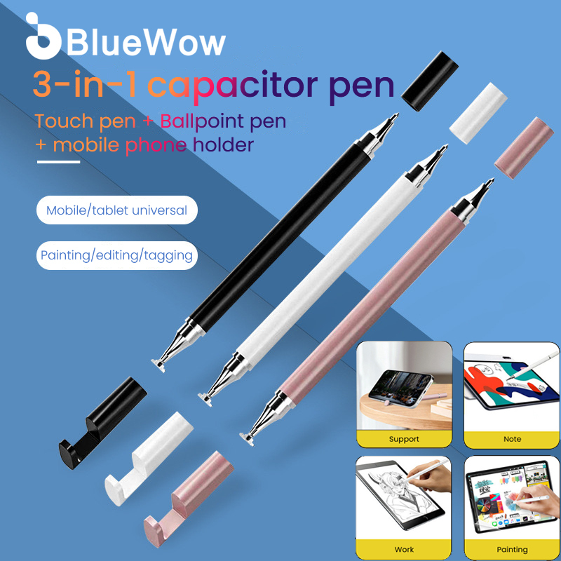 Bluewow 3-IN-1 ที่วางโทรศัพท์ ปากกาสไตลัส หน้าจอสัมผัส / ปากกาทัชสกรีน พลาสติก สากล / ปากกาเขียนด้วยลายมืออิเล็กทรอนิกส์ สําหรับโทรศัพท์มือถือและแท็บเล็ตและจอมอนิเตอร์