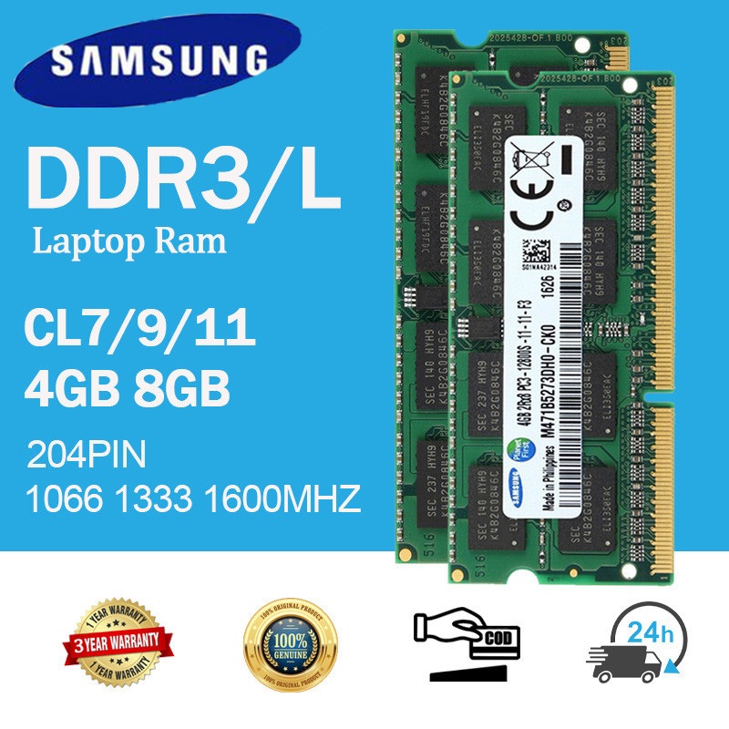 Samsung 4GB 8GB RAM DDR3 หน่วยความจําแล็ปท็อป โน้ตบุ๊ก DDR3L 1066Mhz 1333Mhz 1600Mhz PC3L 8500S 10600S 12800S sodimm laptop ram