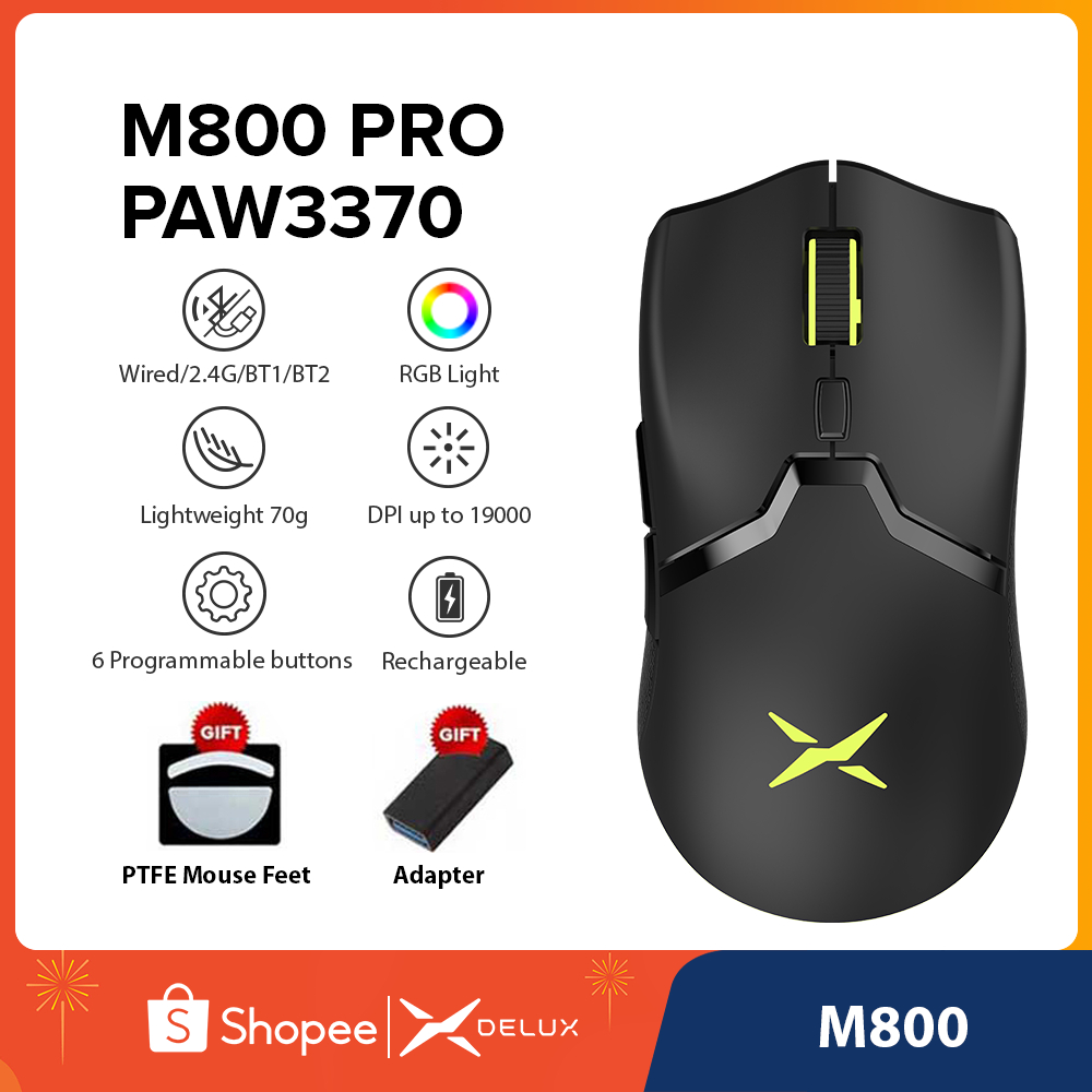 Delux M800pro M800 pro PAW3370 เมาส์ออปติคอลเล่นเกมไร้สาย แบบใช้สาย Type C รองรับ 19000 DPI 1000Hz ส