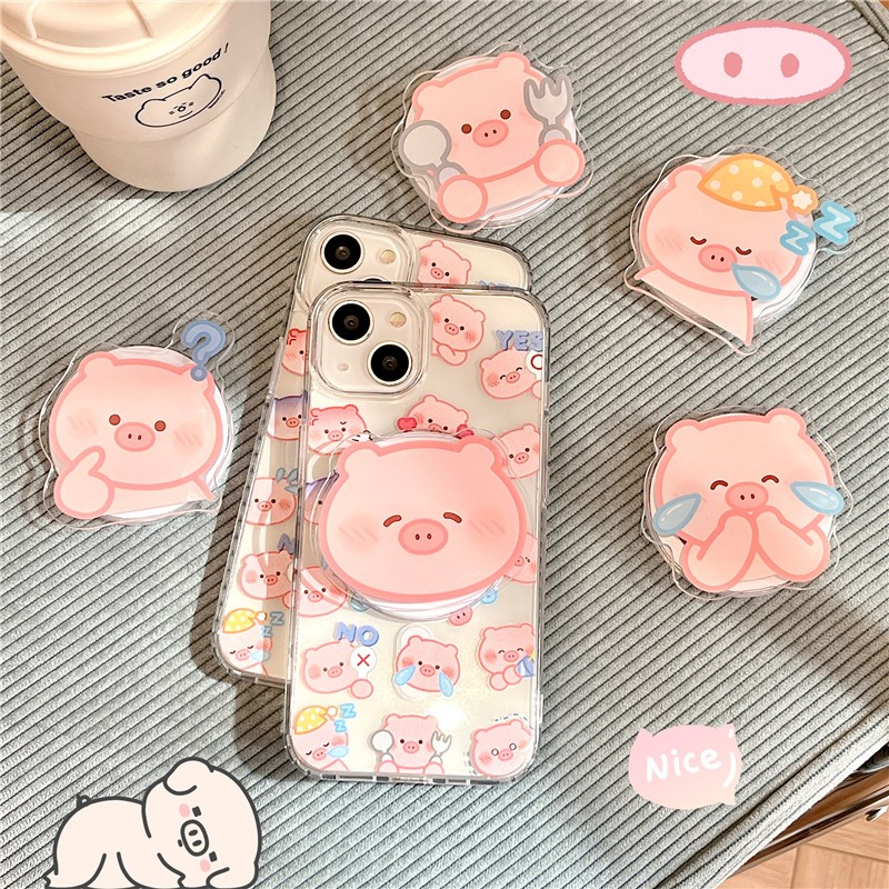 เคส Apple iPhone 16 15 Pro max 14 Pro max magnetic Series ลายลูกหมูสีชมพู เคสอะคริลิคใส + ที่ยึดแม่เหล็ก