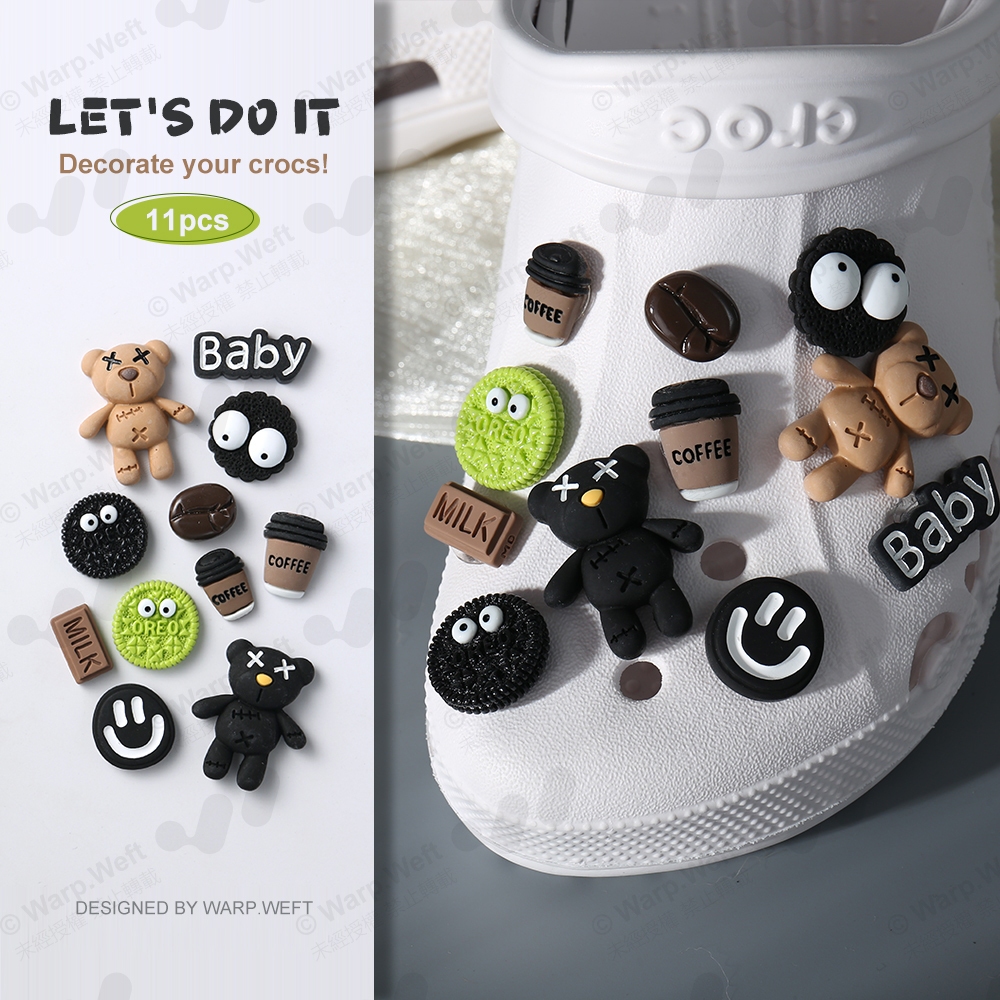 ชุดจิบบิทซ์ รูปหมีกาแฟ 3D อุปกรณ์เสริม สําหรับตกแต่งรองเท้าแตะ Jibbitz Crocs คุกกี้ ช็อกโกแลต DIY