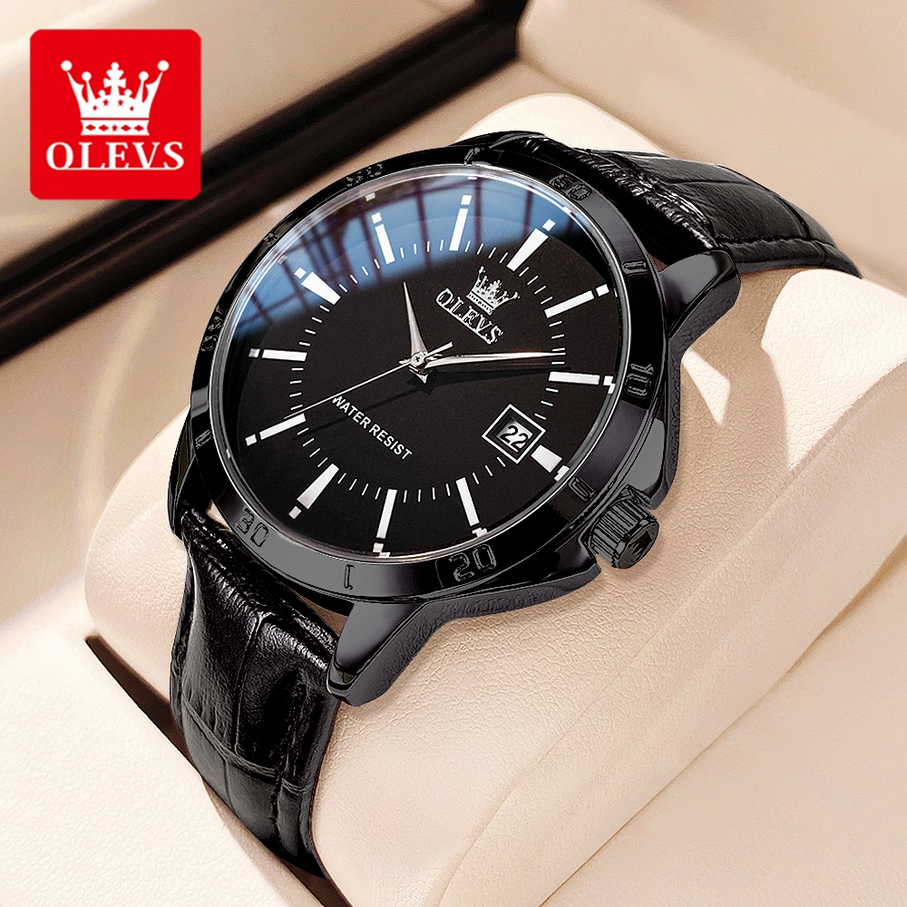 OLEVS นาฬิกา ผู้ชาย แฟชั่น watch 100% แท้ นาฬิกาข้อมือกันน้ำได้ ควอตซ์ หนัง ธุรกิจ สีดำ แฟชั่น เรียบง่าย TY716-H