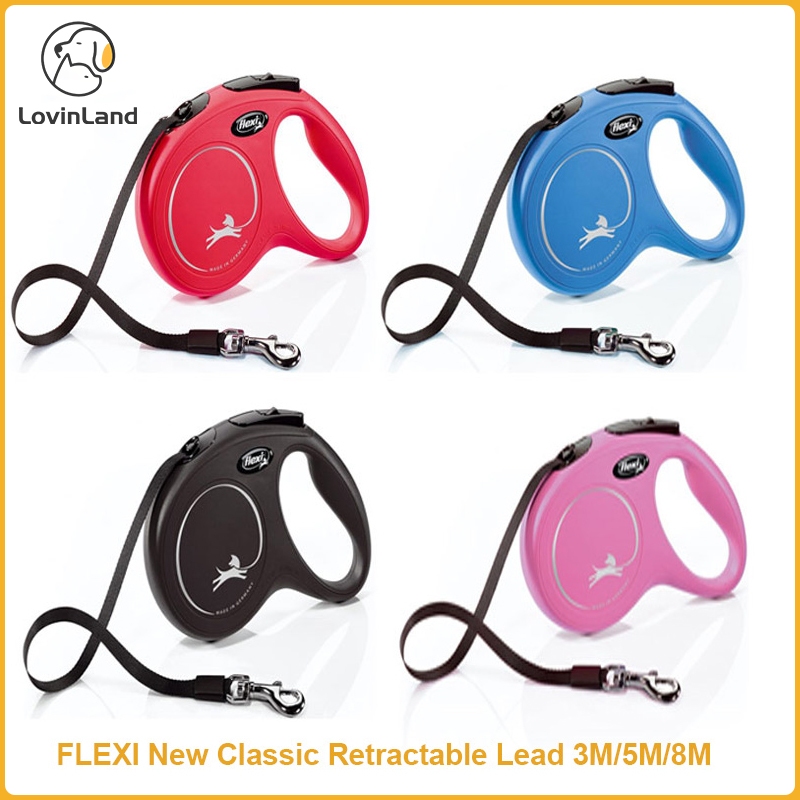 Flexi ใหม่ สายจูงสุนัข แมว ไนล่อน ยืดหดได้ อัตโนมัติ สีทอง 3 5 8 ม. ถึง 50 กก.