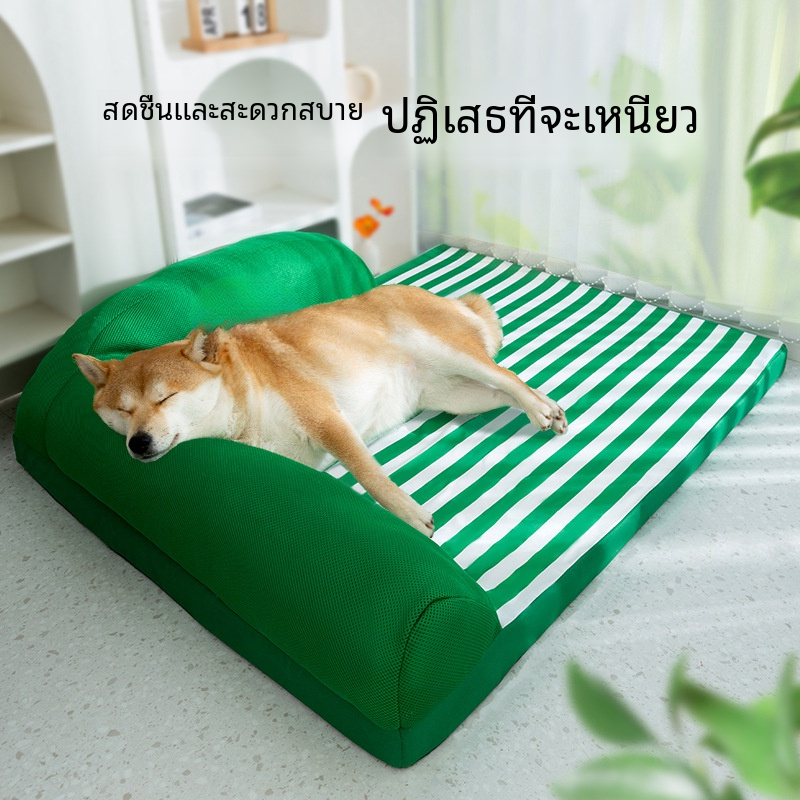 เสื่อสัตว์เลี้ยงลายสีเขียว ที่นอนเย็นขนาดใหญ่ ระบายอากาศ สําหรับสุนัขและแมว