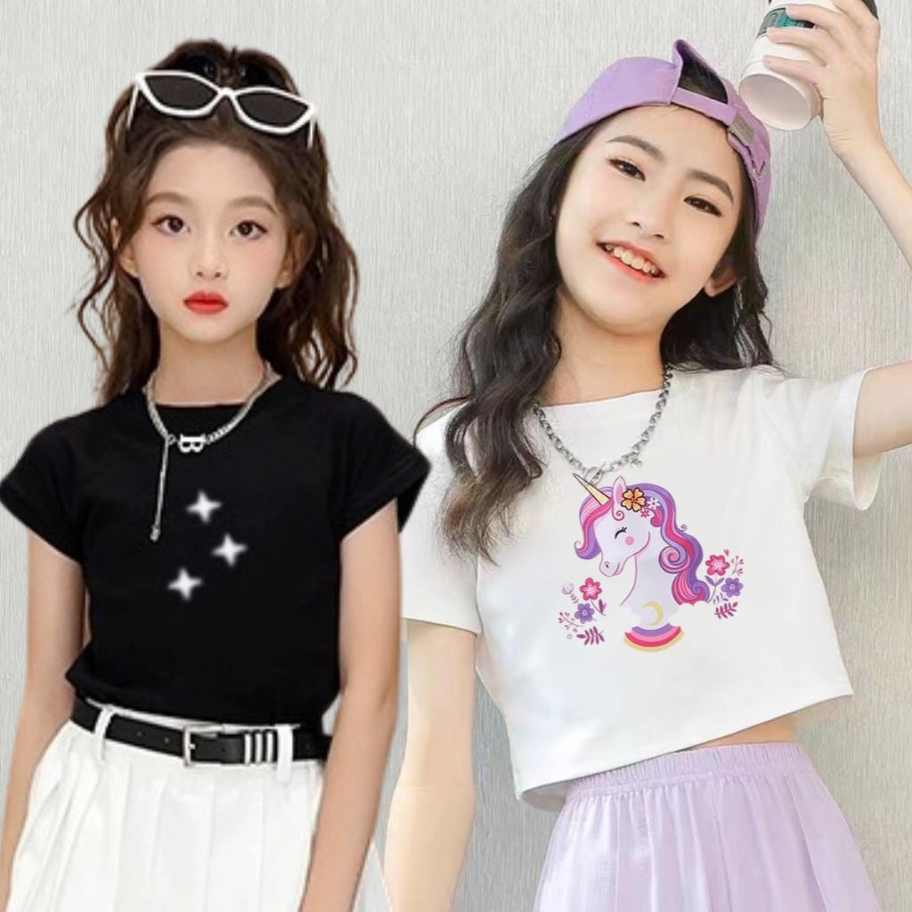เสื้อครอปท็อปแขนสั้นลําลอง ผ้าฝ้าย พิมพ์ลาย แฟชั่นฤดูร้อน สไตล์เกาหลี สําหรับเด็กผู้หญิง อายุ 3-12 ปี
