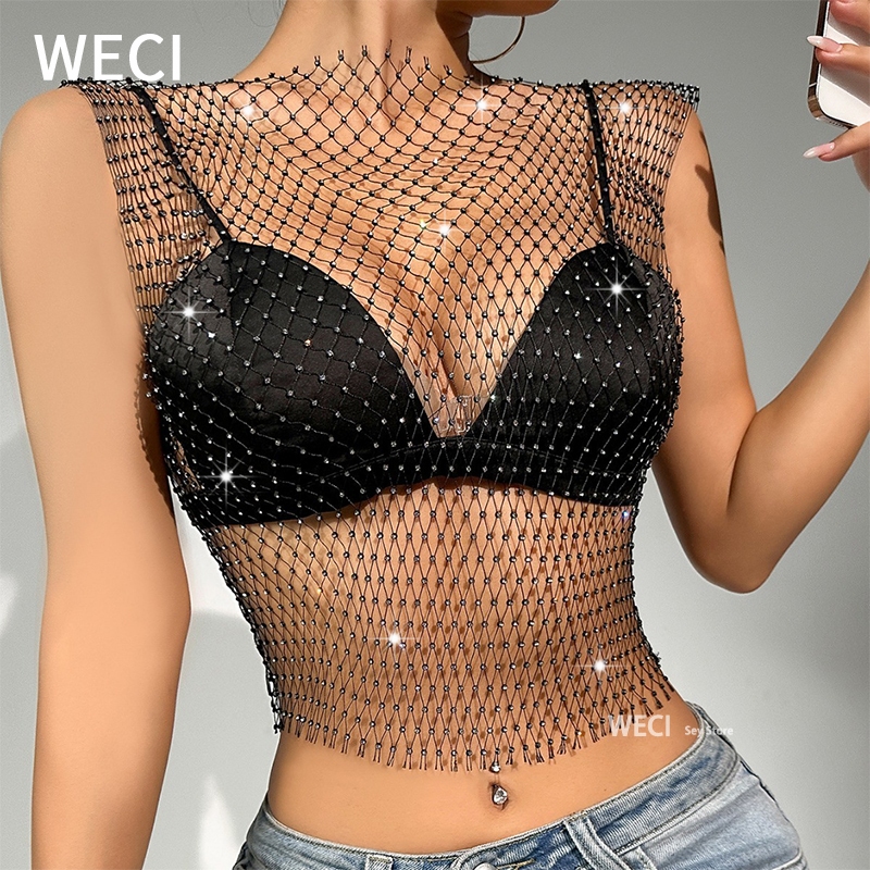 Weci ผู้หญิง เซ็กซี่ แวววาว มุมมอง เสื้อครอป ตาข่าย เพชร เสื้อกั๊ก