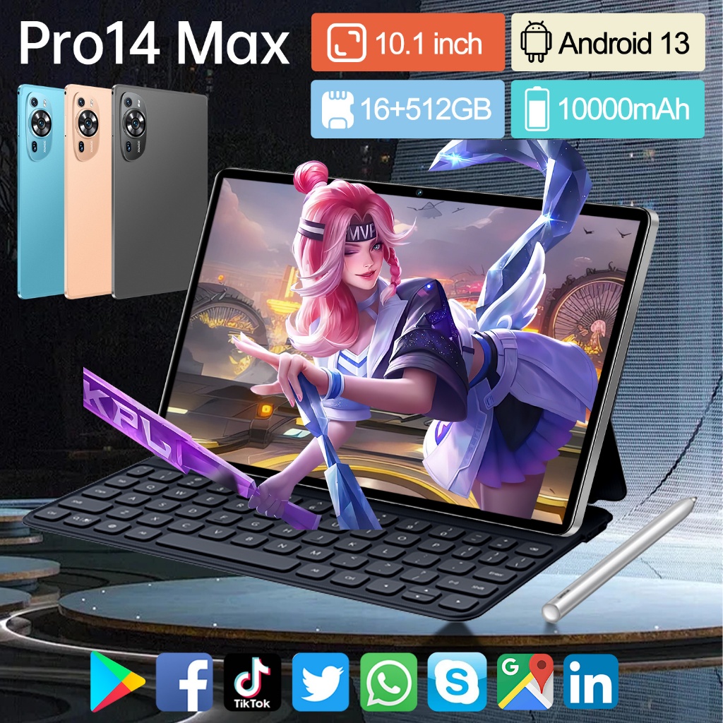 ใหม่ เคสแท็บเล็ต PC หน้าจอขนาดใหญ่ 10.1 นิ้ว HD 16+512GB Android 13 Pro 14 Max 1,000mAh การ์ดคู่ WIFI