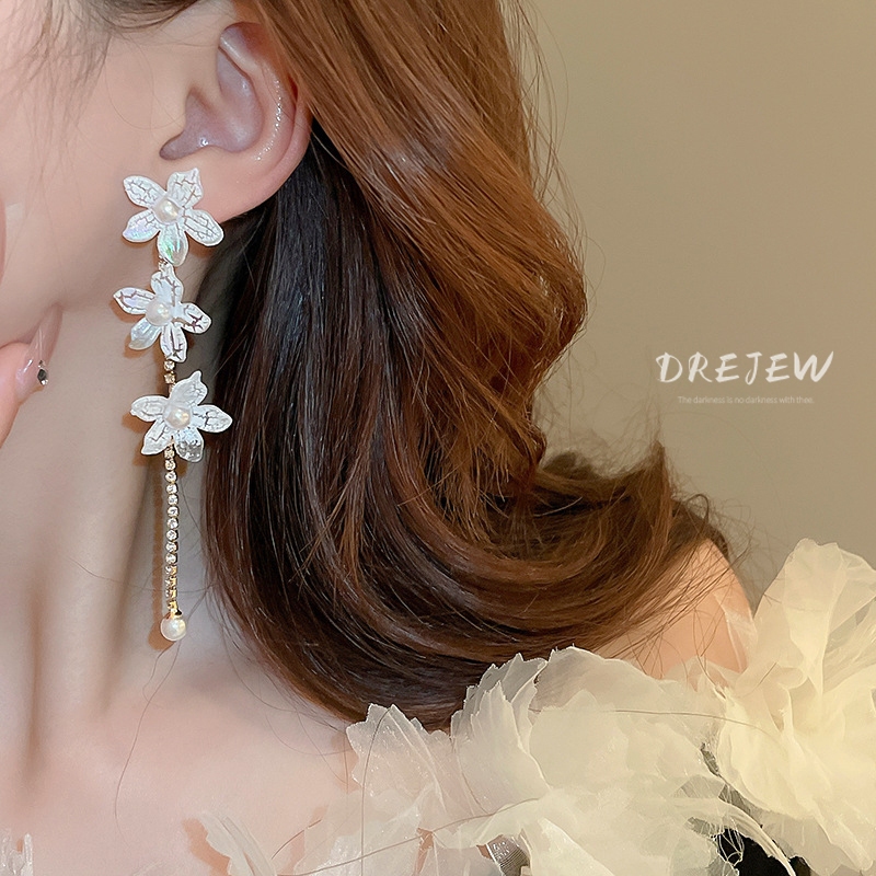 DREJEW ต่างหูเข็มเงิน 925 ประดับมุก เพชร ดอกไม้ พู่ยาว หรูหรา แฟชั่น สําหรับผู้หญิง - รูปที่ 5