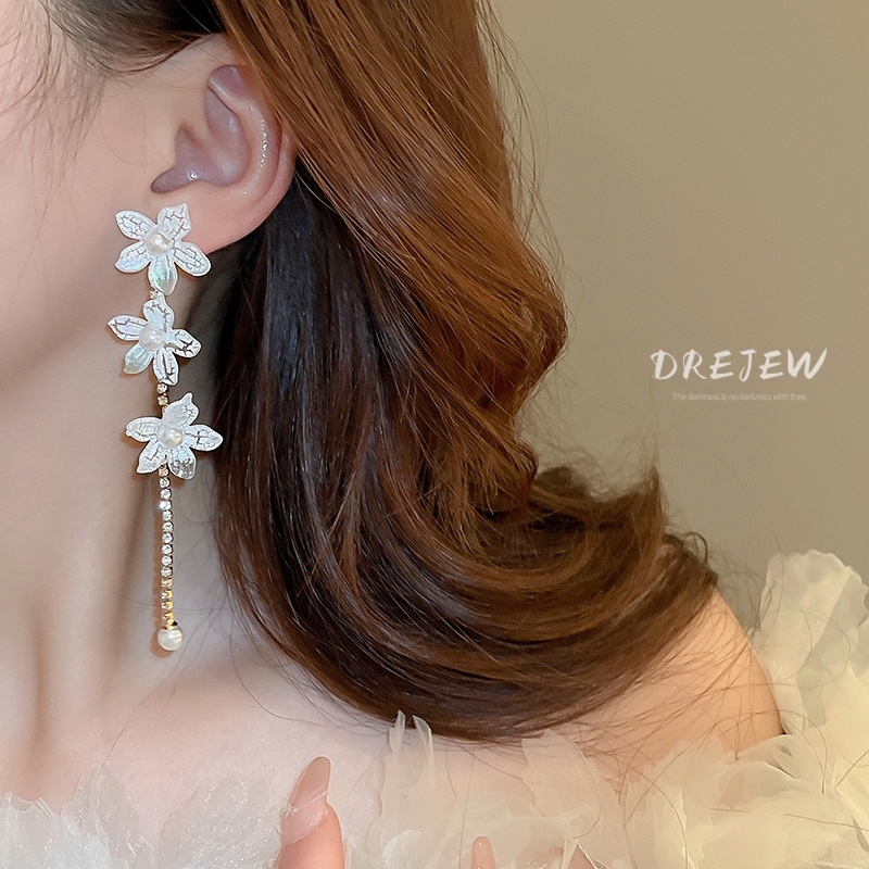 DREJEW ต่างหูเข็มเงิน 925 ประดับมุก เพชร ดอกไม้ พู่ยาว หรูหรา แฟชั่น สําหรับผู้หญิง - รูปที่ 3