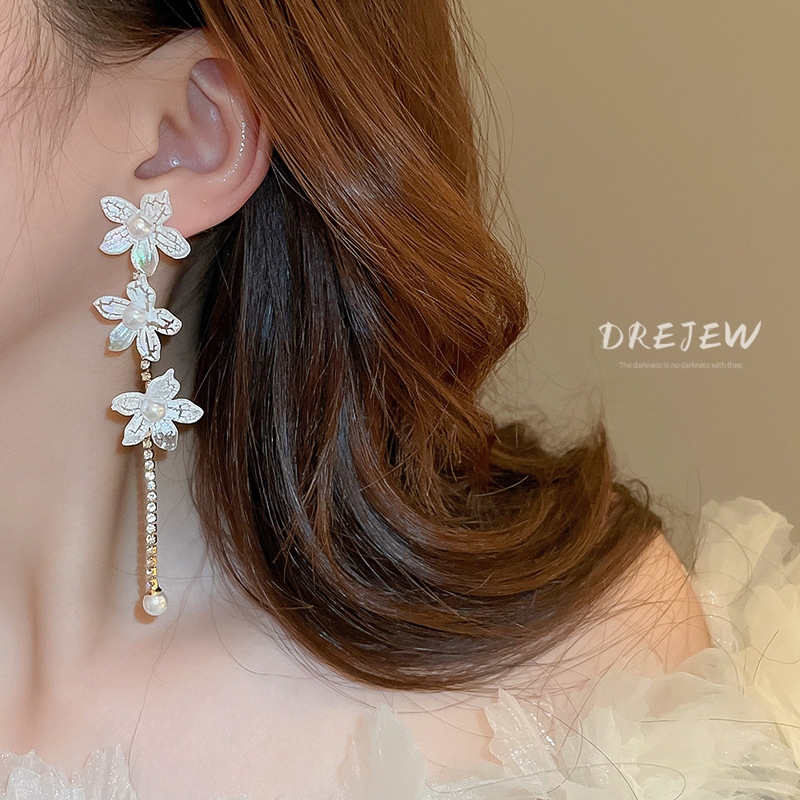 DREJEW ต่างหูเข็มเงิน 925 ประดับมุก เพชร ดอกไม้ พู่ยาว หรูหรา แฟชั่น สําหรับผู้หญิง - รูปที่ 2