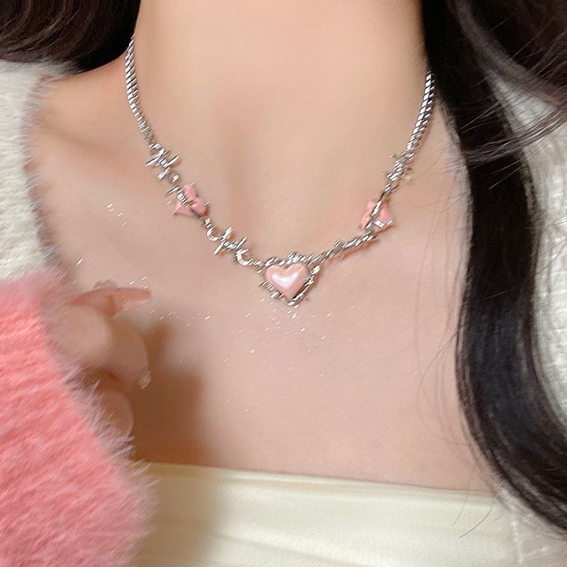 สร้อยคอแฟชั่นเกาหลี สีชมพู หัวใจ ผู้หญิง สีเงิน หวานแหวว สไตล์ฮิปฮอป ของขวัญคู่รัก