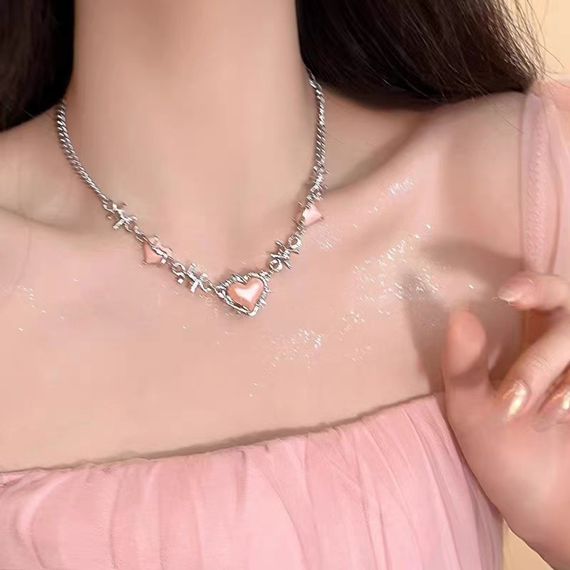 สร้อยคอแฟชั่นเกาหลี สีชมพู หัวใจ ผู้หญิง สีเงิน หวานแหวว สไตล์ฮิปฮอป ของขวัญคู่รัก