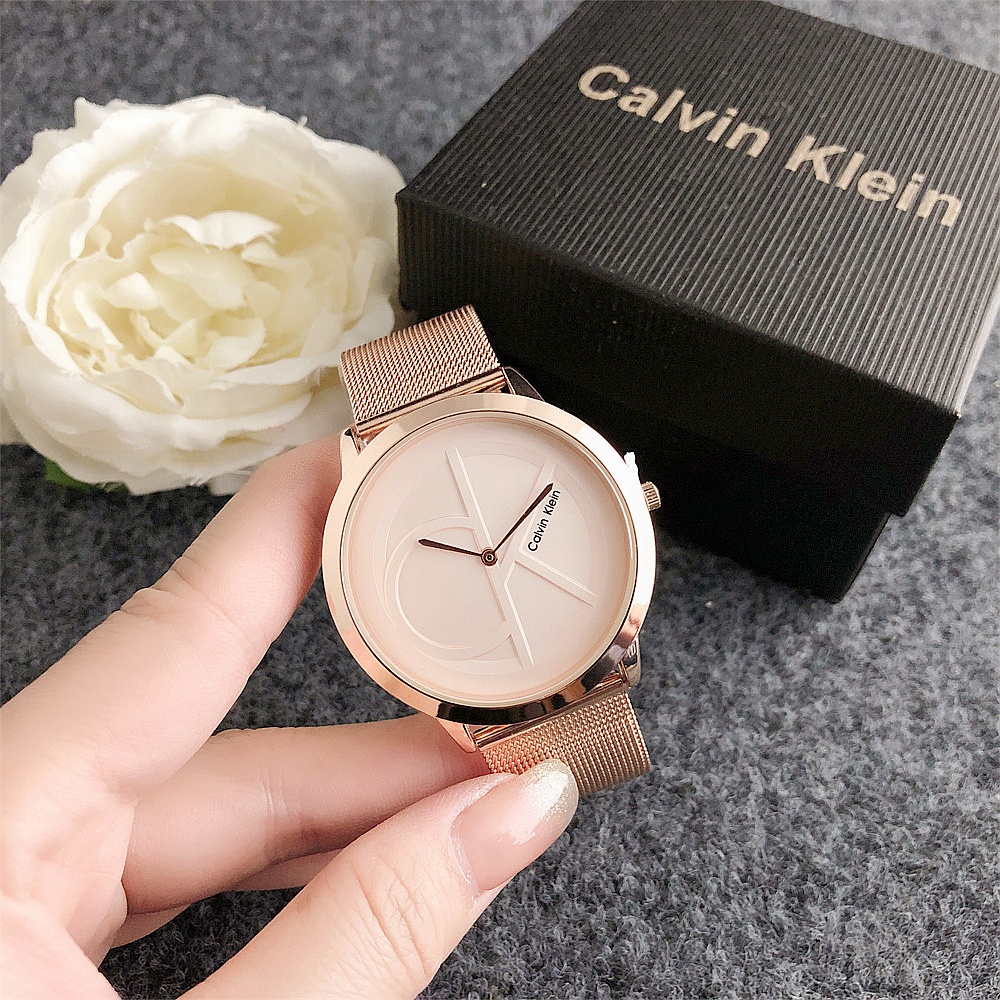 Calvin Klein Series นาฬิกาข้อมือควอตซ์ สายสแตนเลส ชุบทอง หน้าปัด 35 มม. ขนาดใหญ่ แฟชั่นสําหรับผู้หญิง