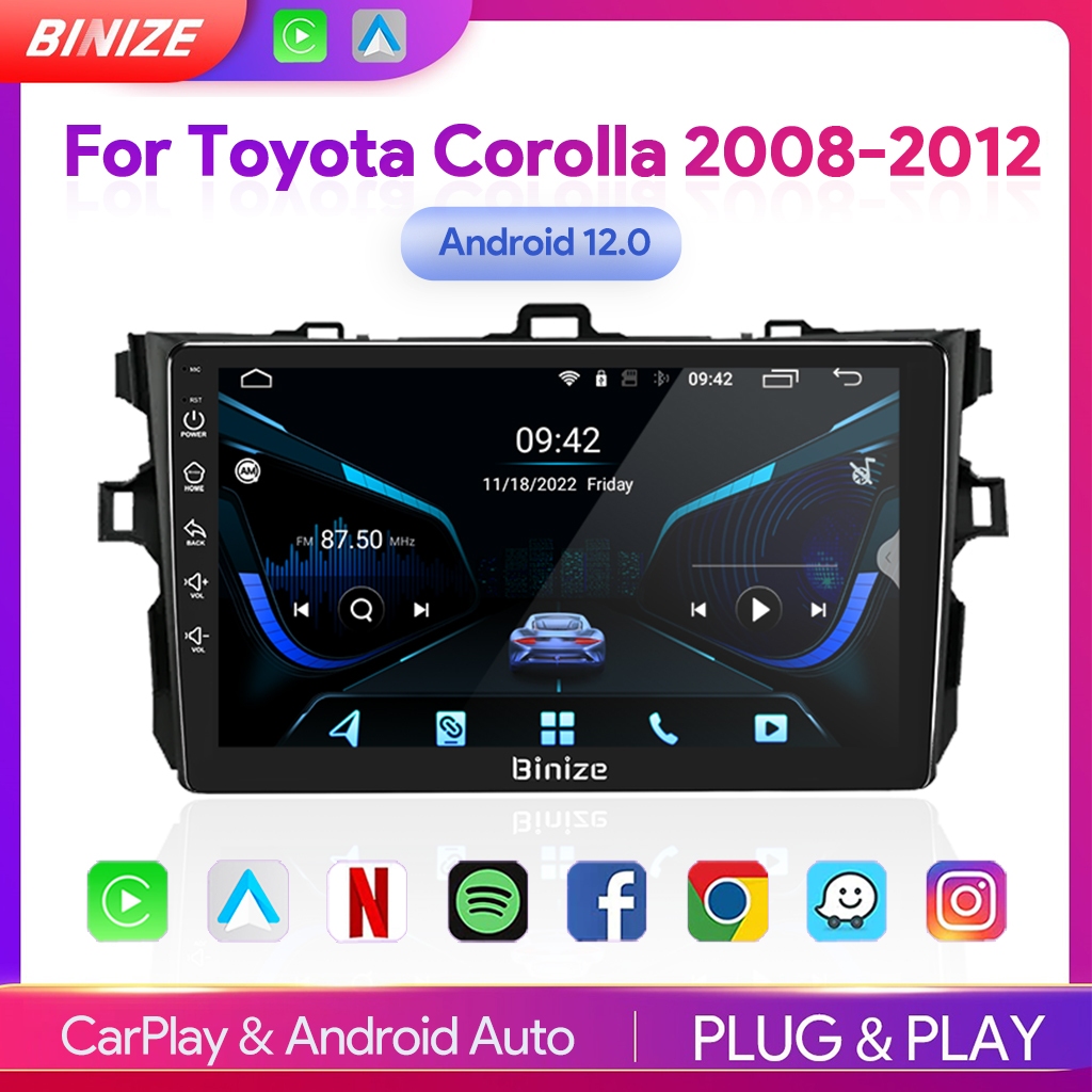 Binize เครื่องเล่นมัลติมีเดีย วิทยุรถยนต์ 9 นิ้ว Android 12.0 สําหรับ Toyota Corolla 2008-2012 GPS BT 2Din