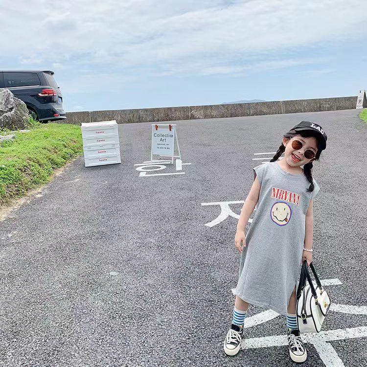 ชุดเดรสเสื้อยืด ผ้าฝ้าย พิมพ์ลายตัวอักษร สไตล์เกาหลี แฟชั่นฤดูร้อน สําหรับเด็กผู้หญิง