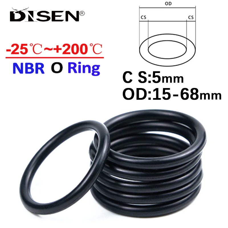 ยาง O แหวน NBR O-Ring ซีลปะเก็นความหนา CS 5 มม.สีดํายางไนไตรล์แรงดันสูงน้ํามันความต้านทานเครื่องซักผ้าซีล O แหวน OD 15-68 มม.