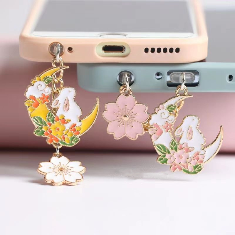 กระต่าย สีชมพู และสีขาว น่ารัก จุกเสียบกันฝุ่น ที่ห้อยโทรศัพท์ ไอโฟน iphone type c ที่กันฝุ่นลําโพง