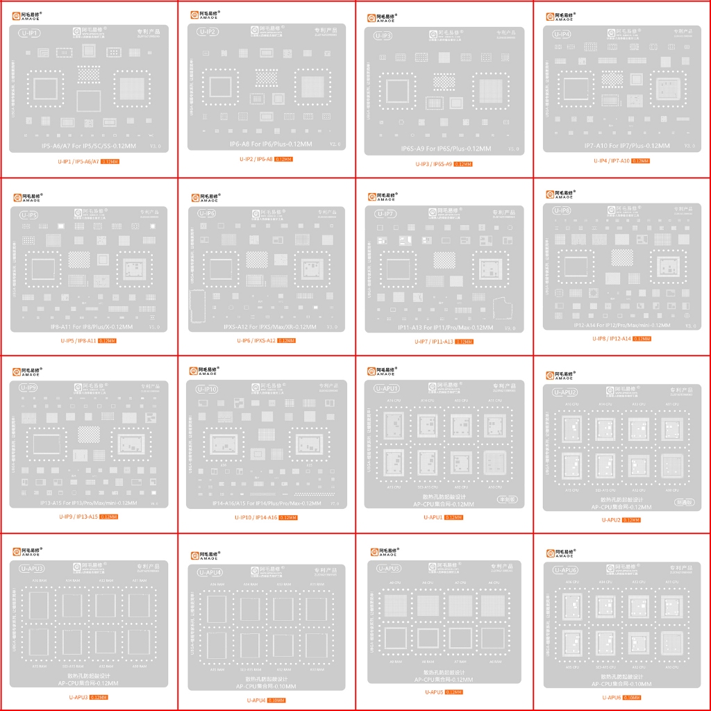 Amaoe U-IP1-11 BGA Reballing Stencil สําหรับ IPhone 15 14 13 12 11 Pro Max Plus X XS XR 8 7 6 6S 5 5