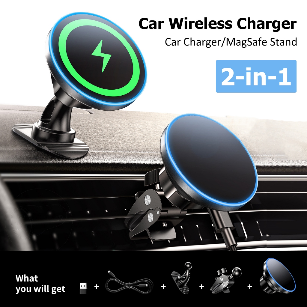 2-in-1 15W Wireless Car Charger ที่ชาร์จในรถยนต์ แบบไร้สาย MagSafe ขาตั้งโทรศัพท์ในรถ สําหรับช่องแดชบอร์ด