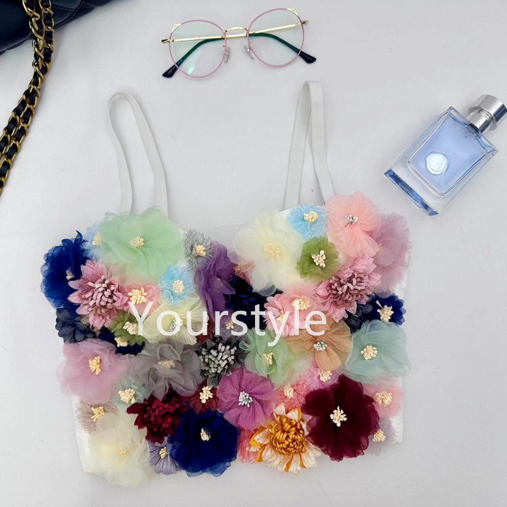 [Yourstyle]- เสื้อครอปท็อป เสื้อกล้าม ลายดอกไม้ 3D หลากสีสัน สําหรับเวที