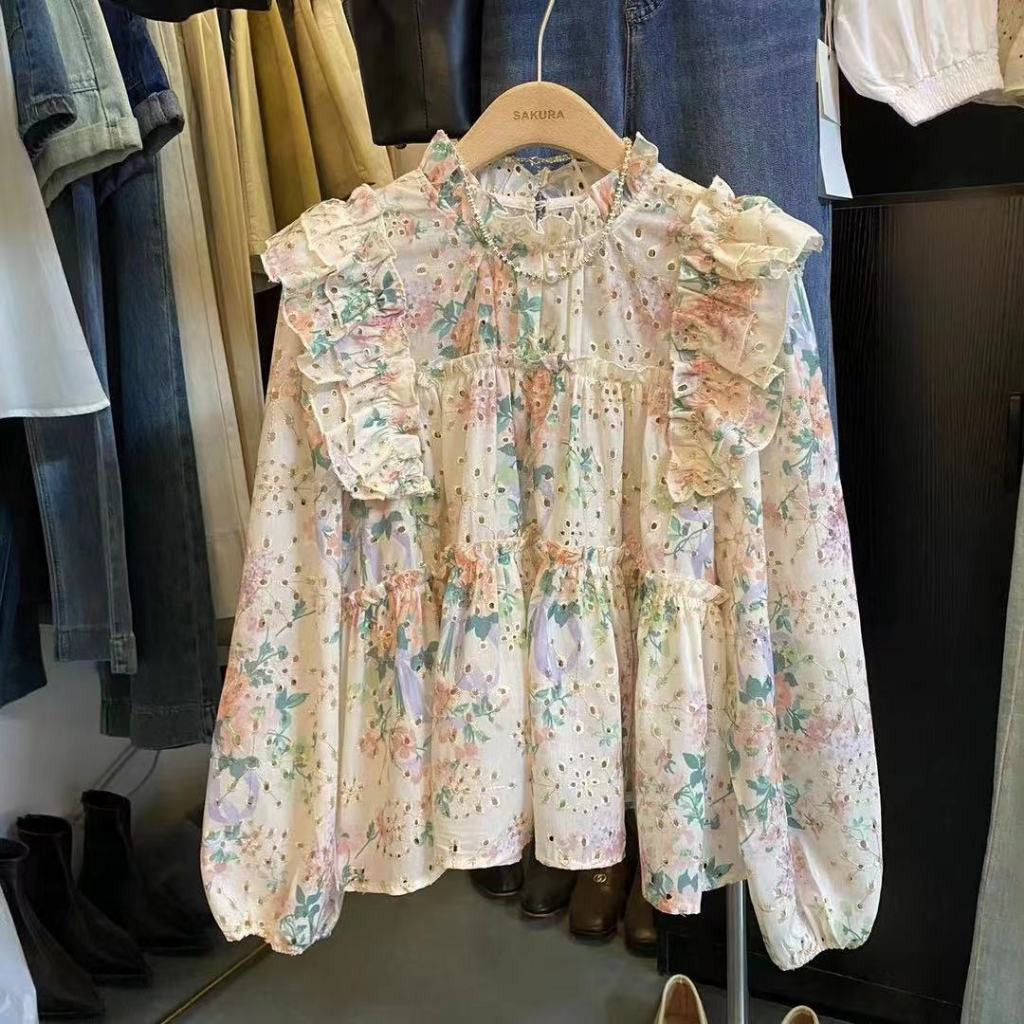 เสื้อเชิ้ตแขนยาว คอกลม แต่งจับจีบ ทรงหลวม ปักลายดอกไม้ สไตล์เกาหลี สําหรับผู้หญิง
