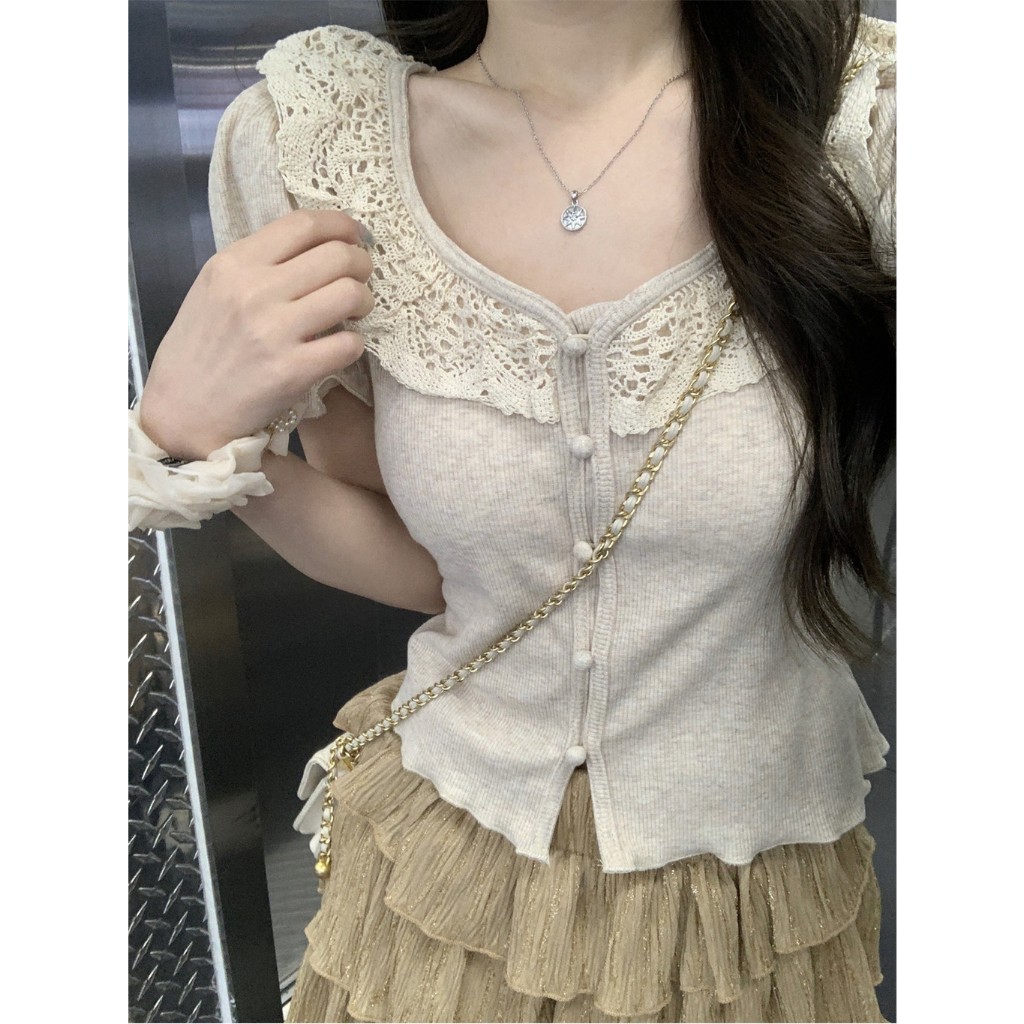 71023 เสื้อยืด แขนสั้น ผ้าฝ้ายแท้ แต่งลูกไม้ ติดกระดุม คุณภาพสูง